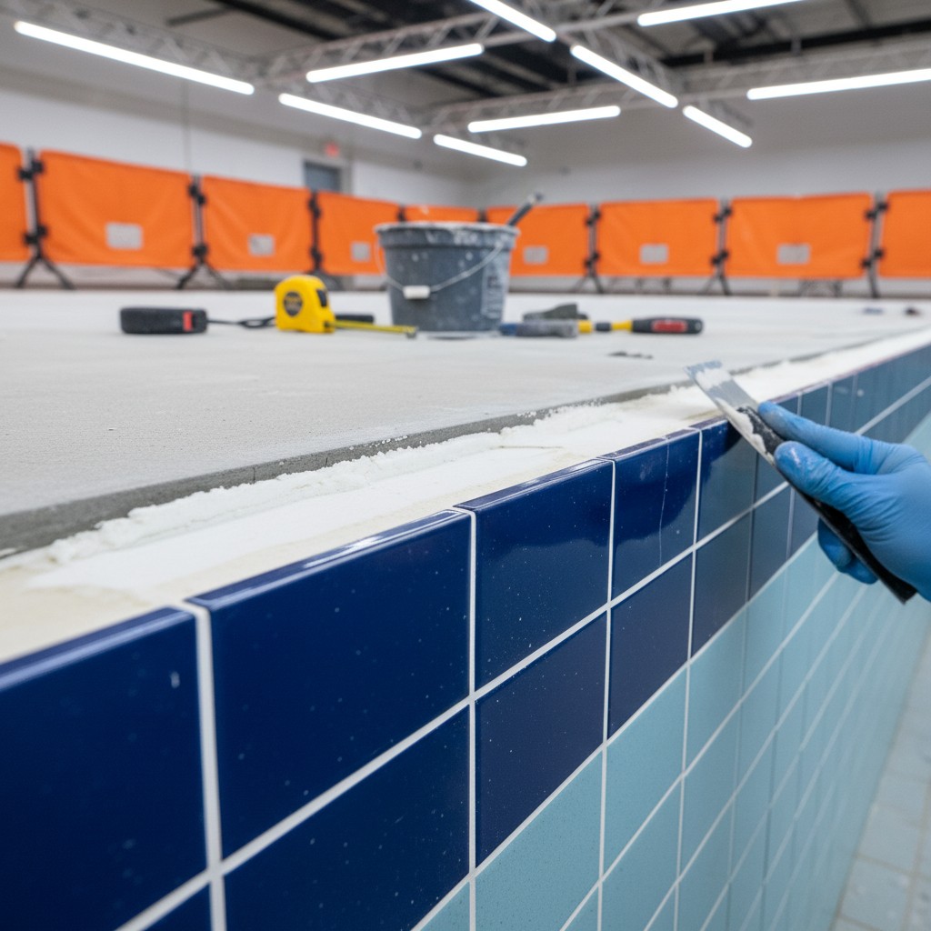A gloved hand is tiling a wall, with a bucket and tools on the floor in the background.