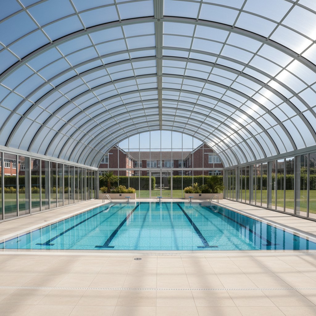 The image depicts the interior of an oval, enclosed glass pool. The pool is in the middle of the image and has steps on th...