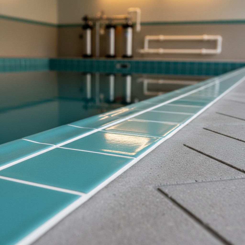 A close-up of a swimming pool's decorative tiles, possibly turquoise with white grout, casting a reflection of light on th...