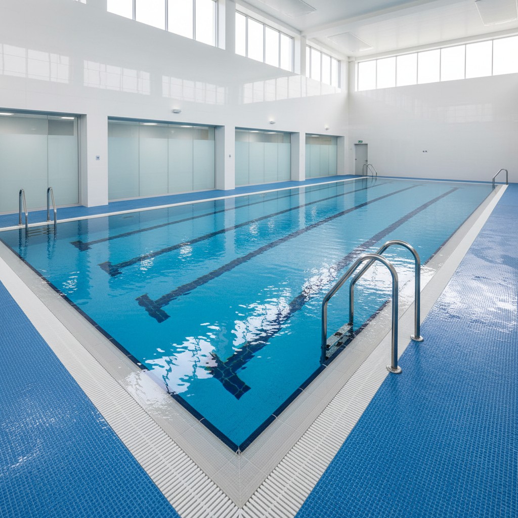 An expansive indoor pool with blue tiles, featuring silver and black handrails and three lanes.
