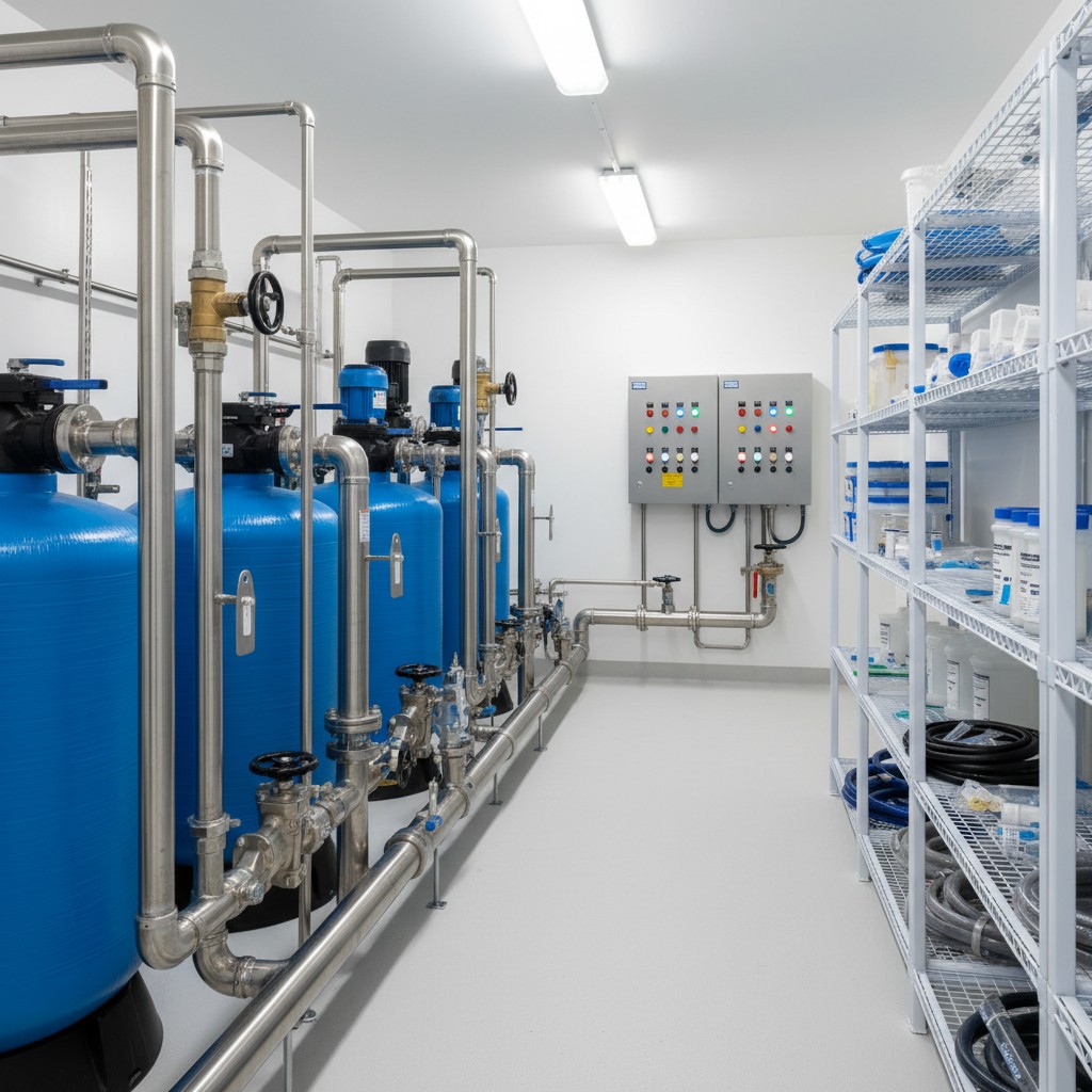 The left side of a grey room beside some large blue industrial tanks. There is a long silver pipe connecting these tanks t...
