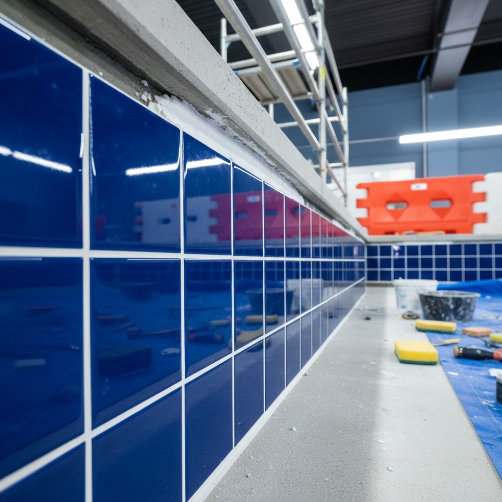 The interior view of a building construction site features bright blue tiles on the walls with metal scaffolding in the ba...