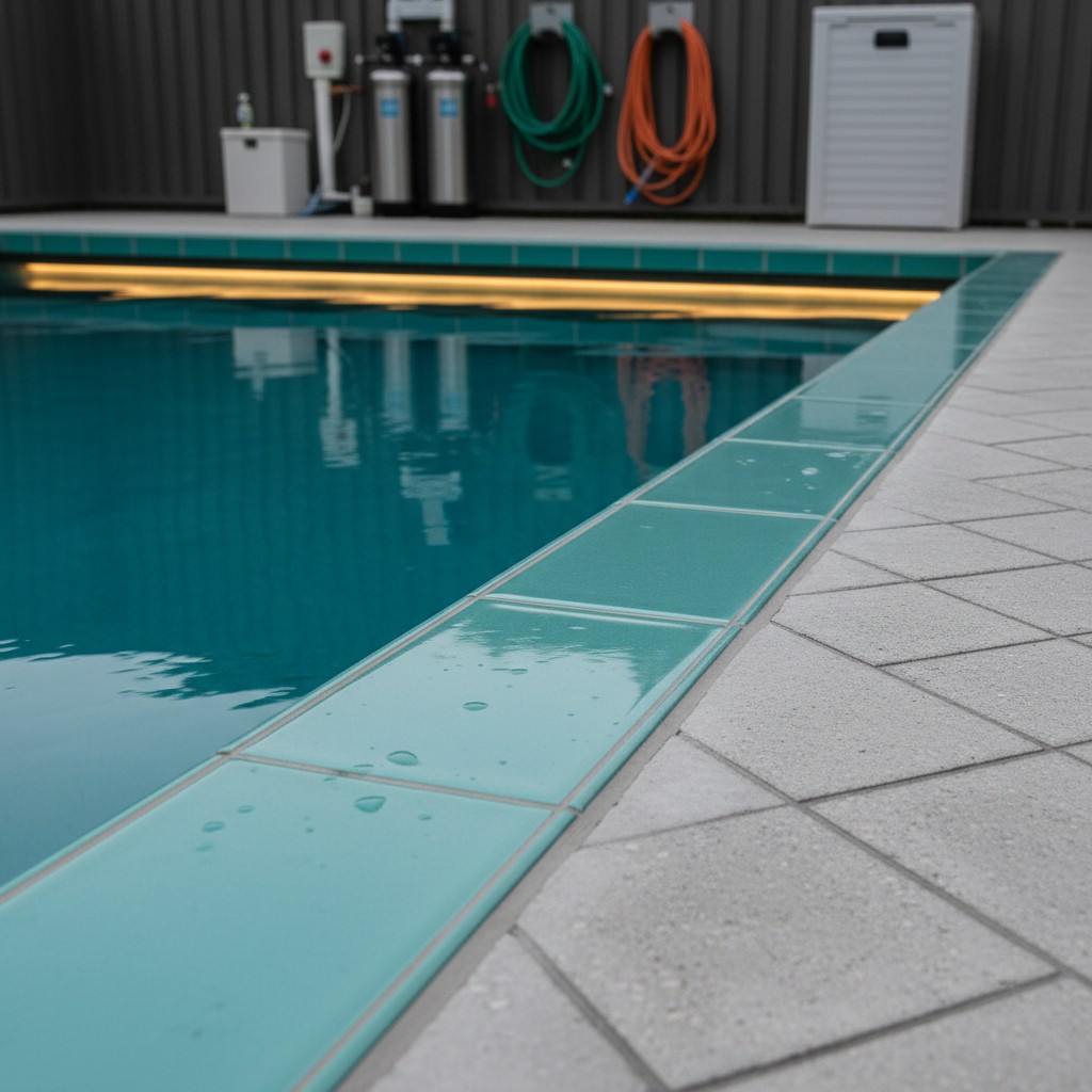 A swimming pool with a gray patio and a hose reel mounted on the wall behind it.